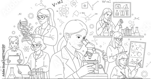 Inspiring black and white line art illustration showcasing a diverse group of dedicated young female scientists actively engaged in various laboratory experiments and educational pursuits