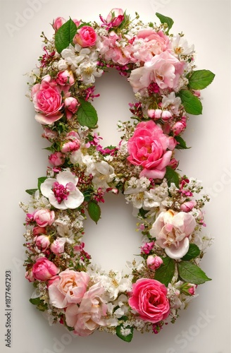 A graceful numeral eight composed of countless beautiful pink roses against a white backdrop, celebrating International Women's Day on March