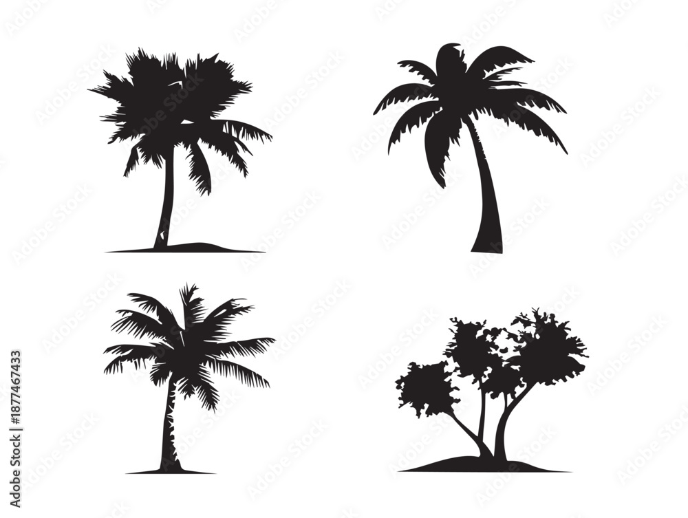 Naklejka premium A stunning set of four simple palm tree silhouette vector icons