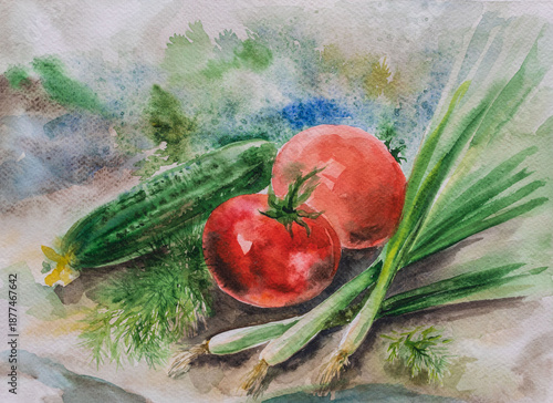 Tomatoes, cucumbers, onions, and dill, watercolor still life. Hand-drawn watercolor illustration