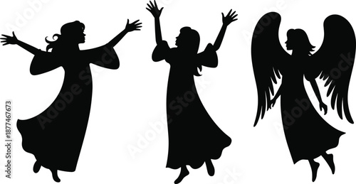 Black silhouette angel women flying dancing with raised hands isolated on white background spiritual fantasy heaven illustration set