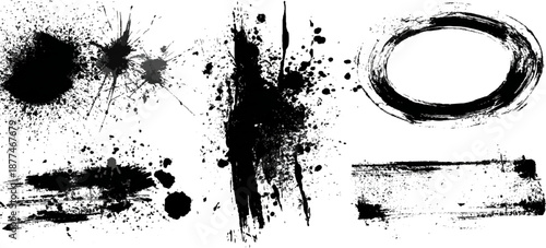 Hand painted black ink grunge brushstroke set background. creative grunge brush strokes splatter stains texture and overlay vector collection.