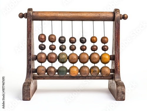 Old-style metal abacus on a white background.
