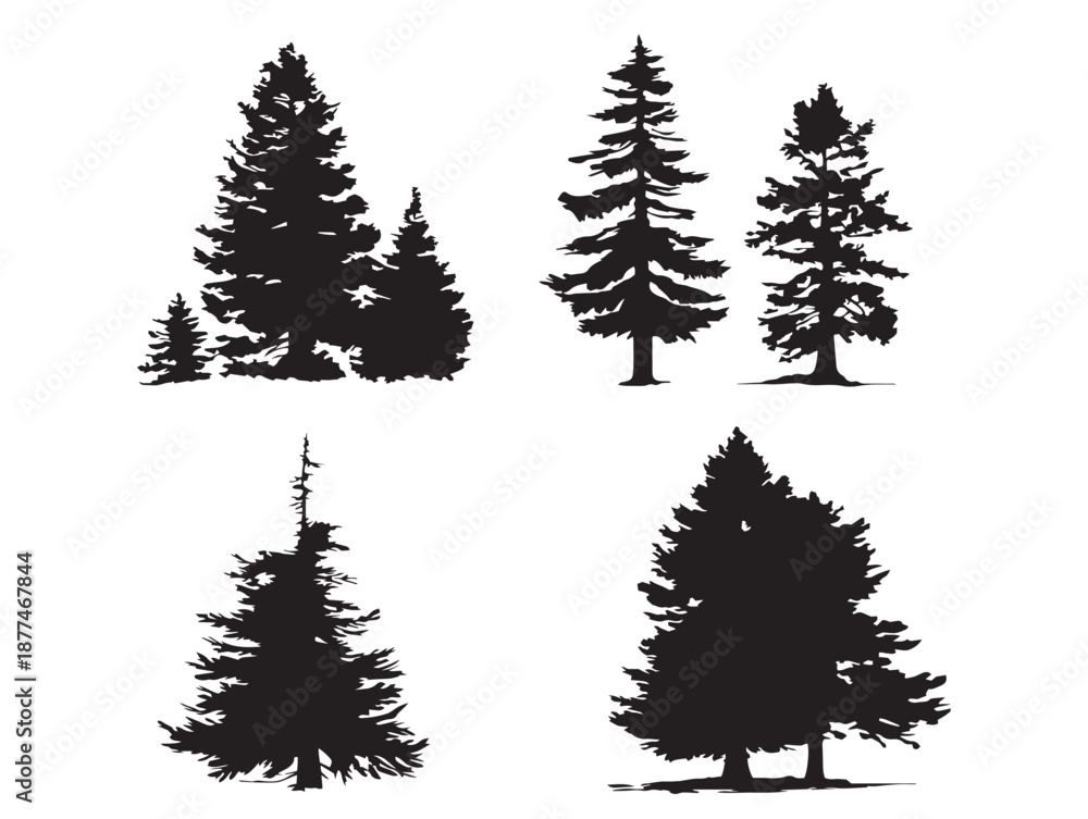 Fototapeta premium A lovely collection of four beautiful solid black serene forest scene icons
