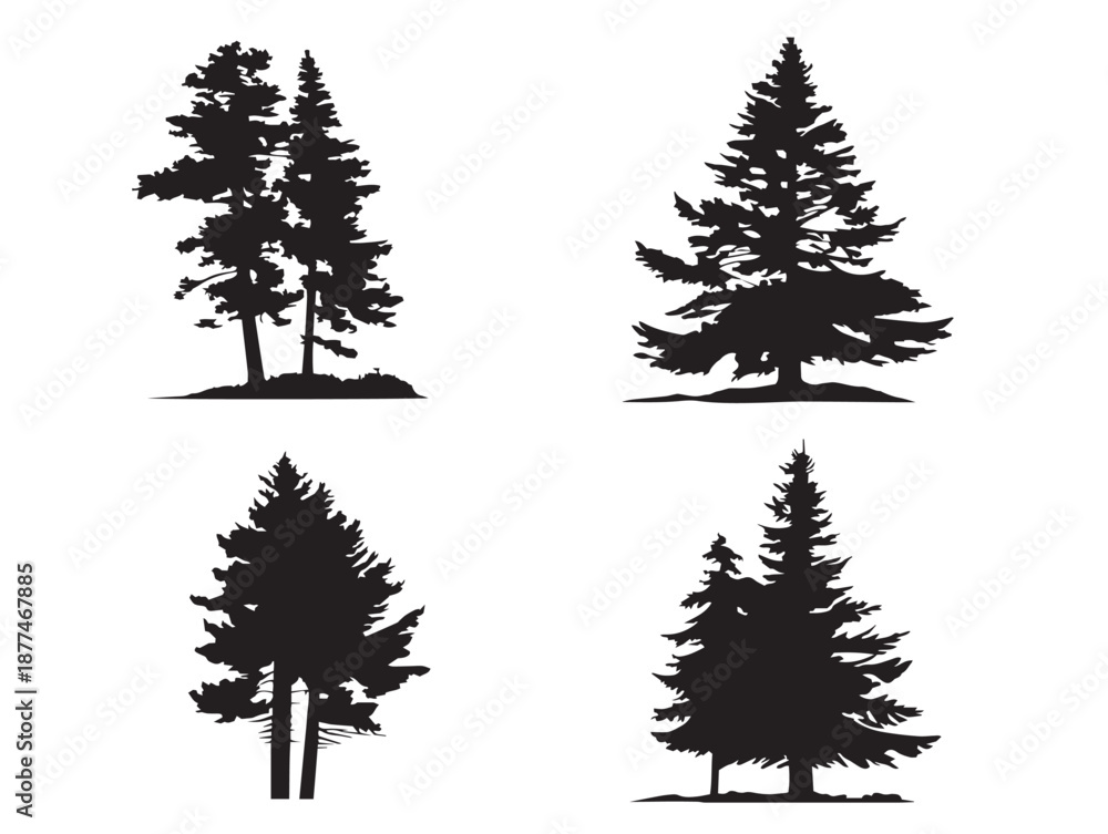 Obraz premium A lovely collection of four simple solid black coniferous tree icons
