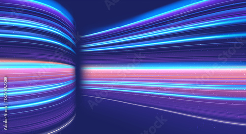 Abstract curved neon light lines background with data flow effect