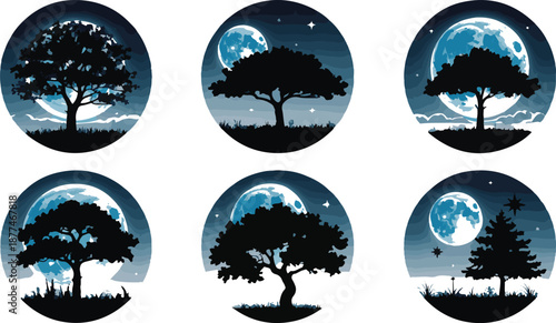 Nighttime Tree Silhouettes with Moon Phases and Stars