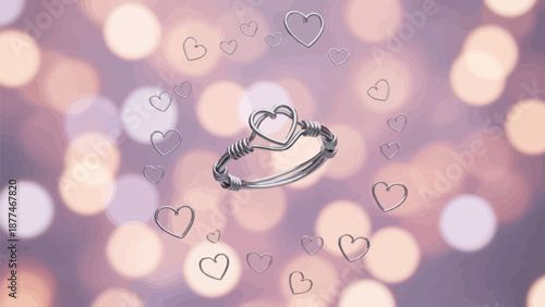 Wire wrapped silver heart shaped ring floats magically amidst numerous delicate silver heart charms against a soft bokeh background