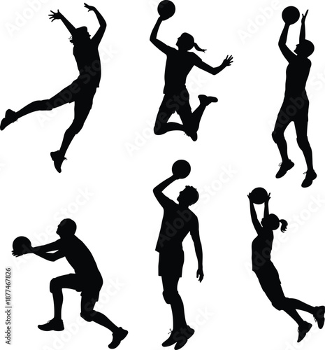 Black silhouette basketball players jumping shooting passing ball isolated on white background sport action fitness illustration set