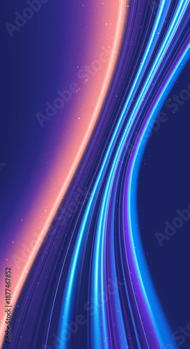 Vertical abstract neon light trails background with starry space