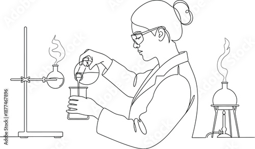Continuous line drawing depicts a focused female scientist carefully pouring liquid from a flask into a beaker during a chemical reaction experiment in a laboratory setting