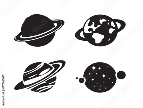 A gorgeous collection of four elegant solid black celestial planet graphics