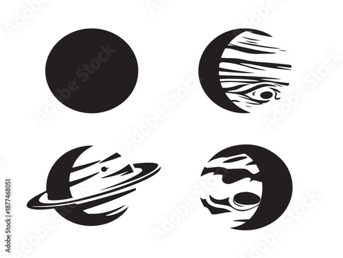 A stunning set of four dynamic black orbiting planet vector illustrations