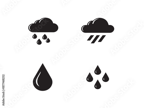 A stunning set of four dynamic black rainy weather vector illustrations
