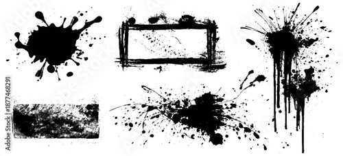Hand painted black ink grunge brushstroke set background. creative grunge brush strokes splatter stains texture and overlay vector collection.