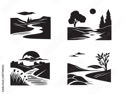 A beautiful collection of four elegant solid black river scene graphics
