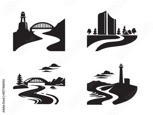A gorgeous set of four dynamic black winding river silhouette illustrations