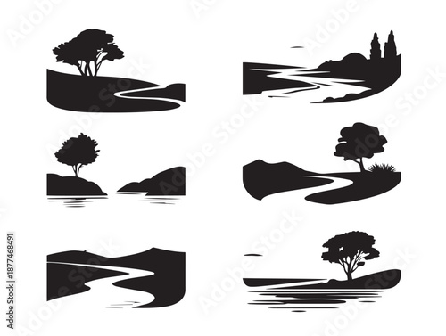 A stunning set of four serene black river landscape vector icons