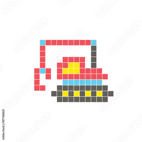 A flat pixel design made of geometric square color blocks on a clean icon layout. Pixel art grapple excavator