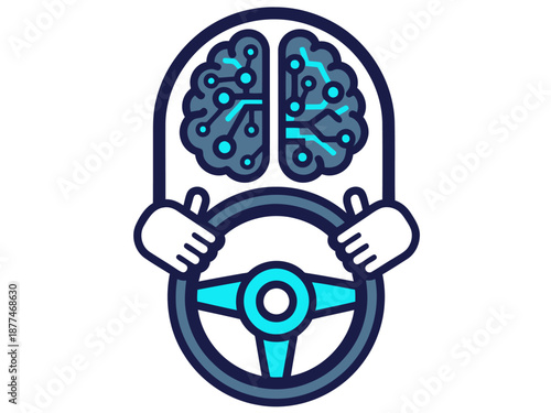 AI-powered navigation steers a vehicle. Modern, digital steering icon with a brain and wheel. Clean, minimalist design for tech and automotive themes.