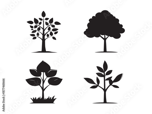 A beautiful collection of four elegant solid black young tree graphics