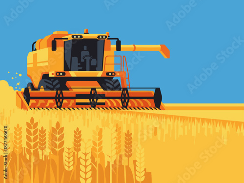 An autonomous harvester efficiently harvests wheat in a golden field. Modern agricultural technology, vibrant colors, and a clear composition create a visually appealing image.
