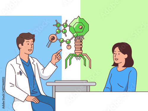A doctor explains phage therapy to a patient, showcasing a molecular model. Clean, modern illustration with a bright, contrasting background. Focus on education and healthcare.