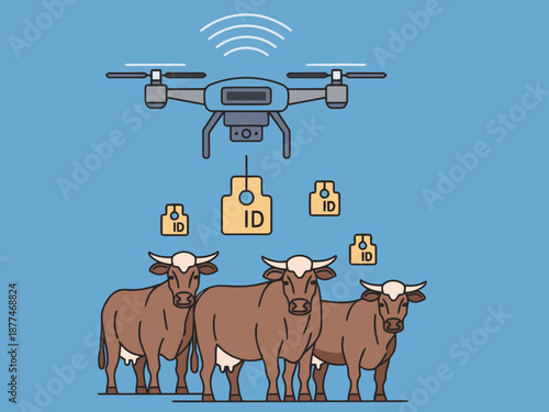 Drones track livestock with ID tags, showcasing modern agricultural technology. A vibrant, illustrative scene highlights efficient farm management.