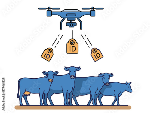 A drone tracks livestock with ID tags, showcasing modern agricultural technology. Clear, vibrant illustration for business and tech concepts.