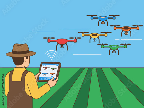 A farmer uses a tablet to control drones surveying a field. Modern agricultural technology, vibrant colors, and a clear composition for commercial use.