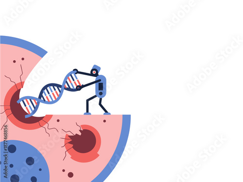A futuristic nanobot delicately manipulates a DNA strand within a cell, showcasing genetic engineering. Modern, vibrant illustration.