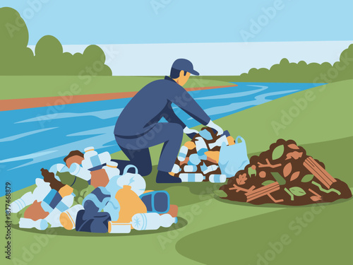A man sorts plastic waste by a riverbank. A clear, focused image showcasing environmental cleanup efforts. Bright, natural colors and a detailed composition.