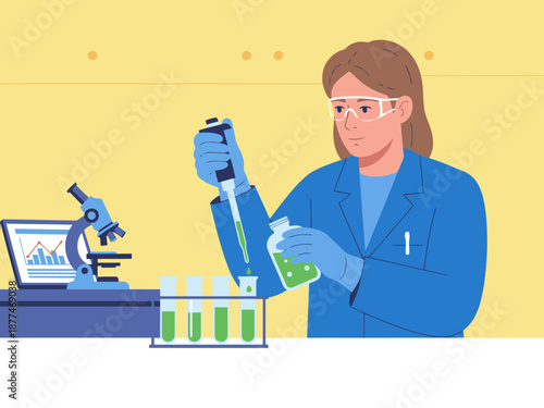 A female researcher uses a pipette to analyze a viral sample in a lab. Focused on scientific research, with a microscope and data display. Clean, modern aesthetic.