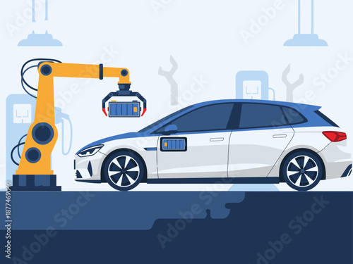 A robotic arm swiftly swaps a car battery, showcasing a futuristic battery swap service. Modern, clean design with a car and industrial elements. Ideal for tech and automotive visuals.