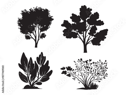 A gorgeous set of four dynamic black leafy shrub vector icons