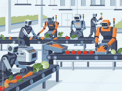 Robots efficiently sort vegetables on a conveyor belt in a modern agricultural facility. Bright, clean, and technologically advanced.
