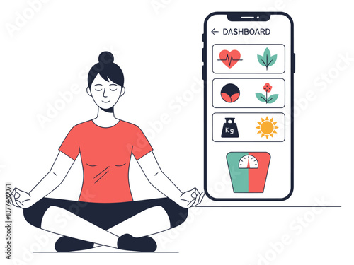 A serene woman meditates with a mobile app displaying health metrics. Modern, balanced lifestyle illustration. Clean, minimalist design. Focus on wellness and digital health.