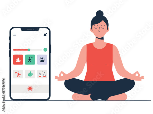 A serene woman meditates with a smartphone displaying a lifestyle app. Soft colors, balanced composition, promoting wellness and mindfulness. Ideal for health & wellness marketing.