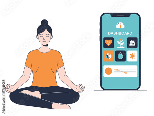 A serene woman meditates with a smartphone displaying a wellness dashboard.  Illustrative, balanced lifestyle app concept. Modern, calming, digital health.