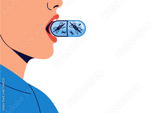 A stylized illustration depicts a patient swallowing a nanotechnology pill, showcasing futuristic medicine. Bold colors and a clean design highlight innovation.