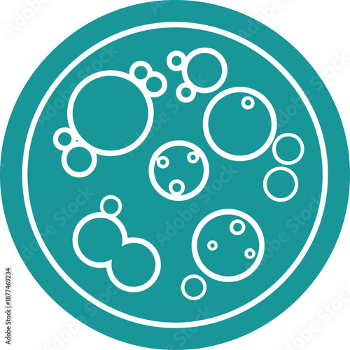 A stylized petri dish illustration showcases bacterial growth. Clean, teal design with simple, circular shapes. Perfect for science, health, or biology themes.