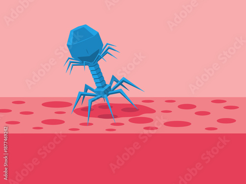 Stylized illustration depicts a bacteriophage docking onto a bacteria cell. Clean, modern design with vibrant colors. Ideal for science, biology, and health concepts.