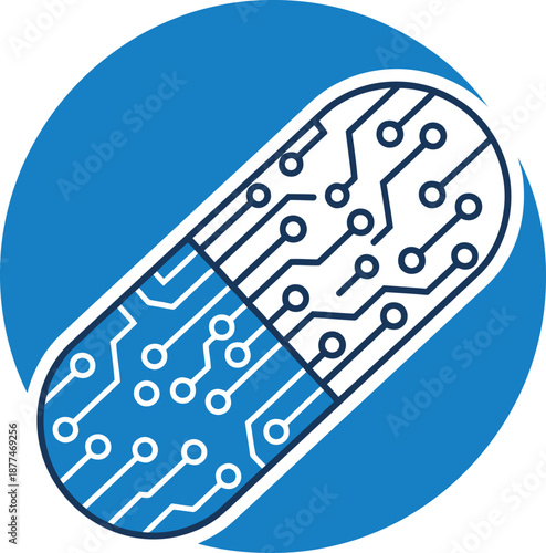 A stylized pill graphic incorporating circuit board elements, representing Smart Pill Digital Medicine. Modern, blue design with a clean, professional aesthetic.