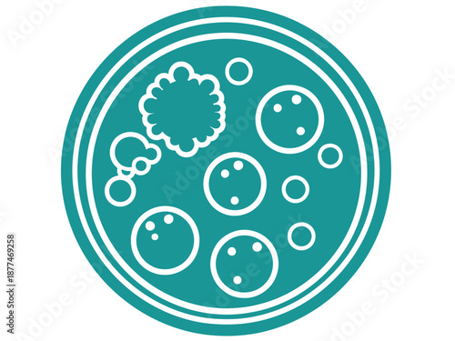 A teal petri dish illustration showcases bacterial colonies. Clean, modern design with a focus on scientific concepts. Ideal for health, biology, and lab themes.