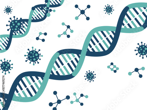 A vibrant DNA sequence intertwines with viral particles, illustrating genetic sequencing in a viral environment. Modern, illustrative design.