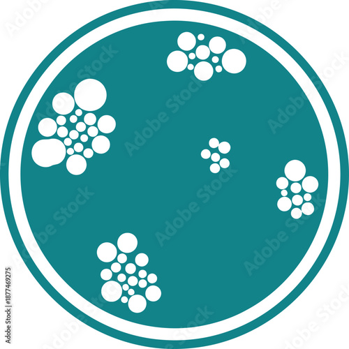 A teal petri dish displays bacterial colonies. Clean, modern graphic design. Ideal for science, biology, or health themes.