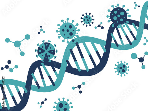 vibrant graphic depicting a DNA sequence intertwined with viruses illustrating a viral environment Modern clean design with teal and blue tones Ideal for science health and biotechnology visuals