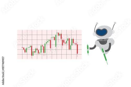The stock bot tracks the Japanese candlestick chart. Online trading. Financial market. Stock quotes and commodity prices. Flat vector illustration.