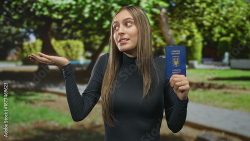 Фотография Woman holding a passport with open palm gesture on a street path, ukrainian passport visible; uncertainty identity migration