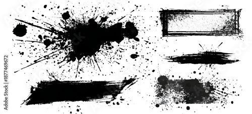 Hand painted black ink grunge brushstroke set background. creative grunge brush strokes splatter stains texture and overlay vector collection.